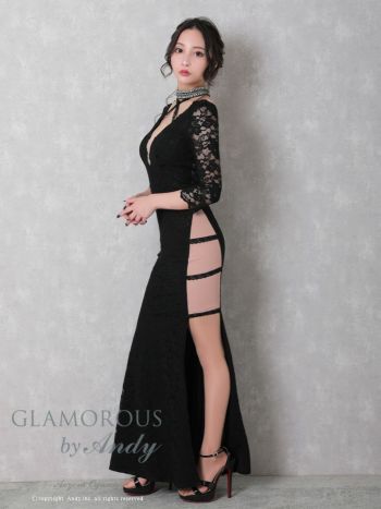 キャバドレス ロング ドレス GLAMOROUS グラマラス スリット Vネック レース シアー 七分袖 袖あり タイトロングドレス