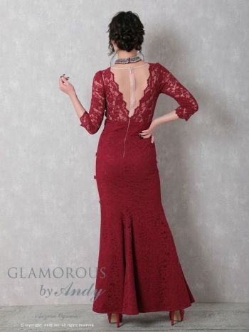 キャバドレス ロング ドレス GLAMOROUS グラマラス Vネック スリット レース シアー 七分袖 袖あり タイトロングドレス