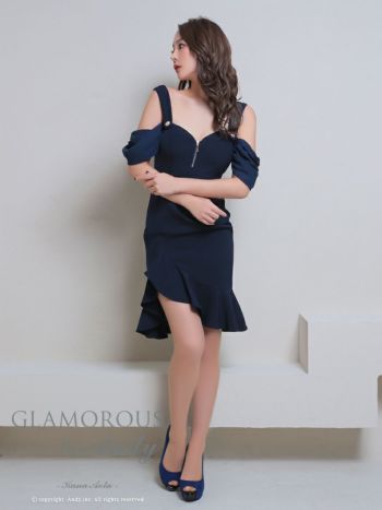 キャバドレス GLAMOROUS グラマラス 上品 大人 ワンカラー ジップデザイン ノースリーブ テールカット ボタン フレアミニドレス