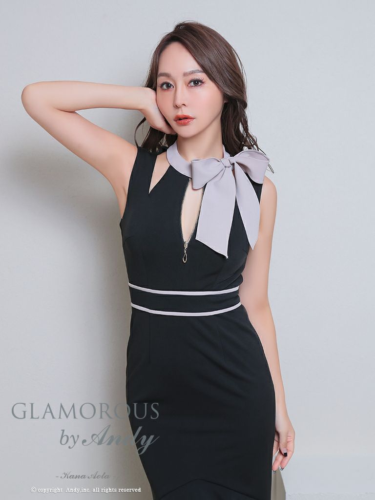 キャバドレス GLAMOROUS グラマラス バイカラー 裾フリル ネックリボン ジップデザイン バイカラー ロングテールドレス
