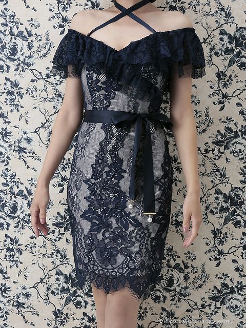 キャバドレス Andy アンディ セクシー 大人 胸元フリル 総レース オフショルダー ウエストリボン パールビジュー タイトミニドレス