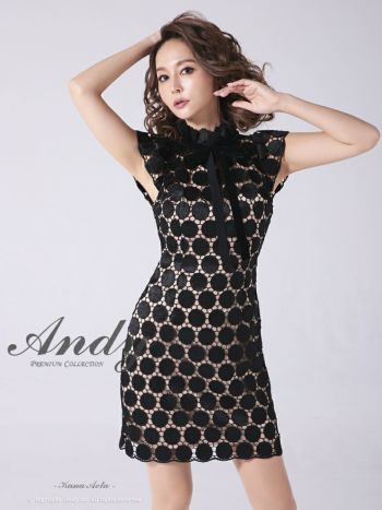 Andy アンディ ハイネック ドット柄 ノースリーブ レース 半袖 リボン タイトミニドレス
