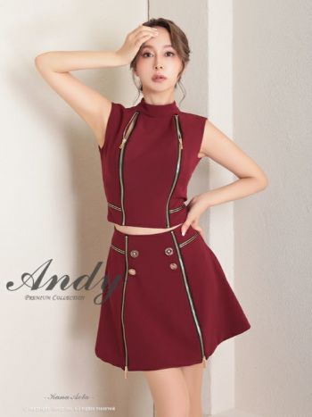 キャバドレス Andy アンディ 大人 美脚 ジップデザイン セットアップ ボタン ワンカラー ノースリーブ フレアミニドレス