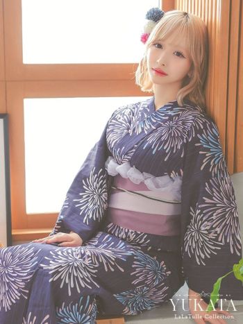 紺地 ピンクグラデーション花火 ゆかた3点SET