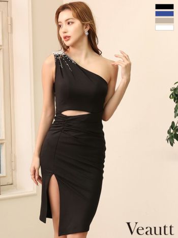 AR24805＊メッシュ✖️ビジューバックルワンショルダードレスorM Veautt/ヴュート】ビジュー スリット セクシー ワンショルダー