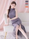 マーメイドシルエット　バックチュールリボン アシンメトリー　ひざ丈キャバドレス Lサイズあり】アシンメトリーフリルxバックチュールリボン