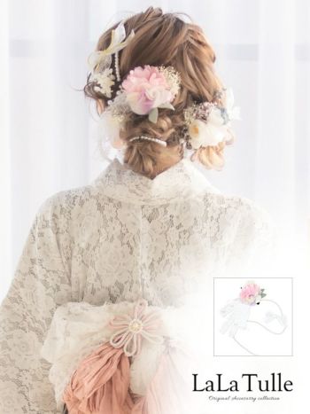 髪飾り しだれ パール シフォン素材 フラワー レース ヘアアクセサリー 3点セット(ピンク/イエロー)