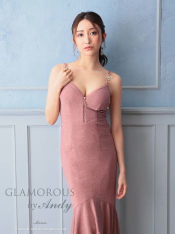 キャバドレス ミディアムドレス GLAMOROUS グラマラス ジップデザイン ラメ生地 キャミソール テールカット 裾フリル ビジューバックル 膝丈ドレス