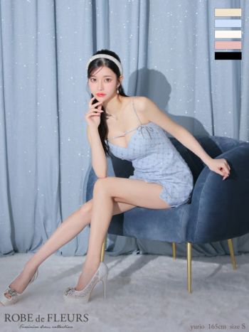 キャバドレス ROBEdeFLEURS ガーリー ビジュー スパンコール リボン キャミソール オープンバスト タイトミニドレス