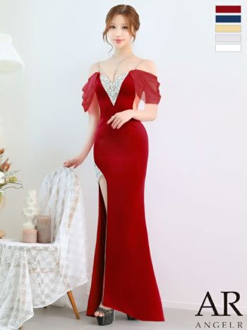 キャバドレス ブランド スリット オフショルダー くびれ透け フラワービジュー パール セクシー タイトロングドレス