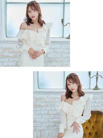 SALE【Anella/アネラ】袖あり フリルネック シアー 大判 肩フリル ハイウエスト切替 タイトひざ丈ドレス