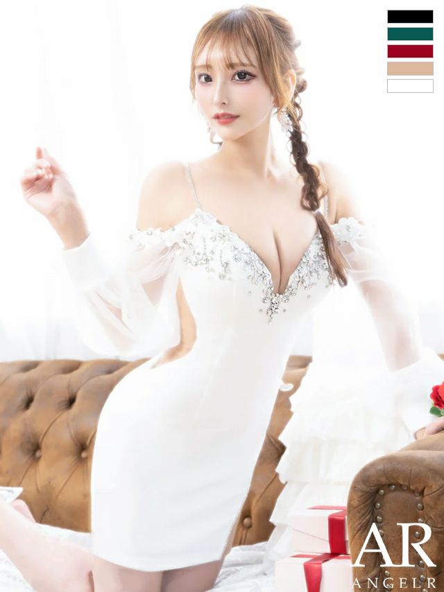 キャバドレス ブランド セクシー 長袖 バルーンスリーブ オフショルダー フラワーレース ビジュー オープンバスト くびれ透け タイトミニドレス