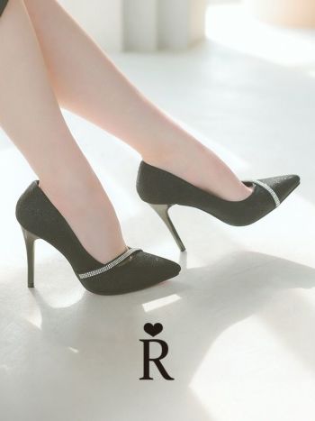 キャバシューズ Rechercher キラキラ シルバー ビジューライン ラメ シンプル ポインテッドトゥ パンプス ブラック