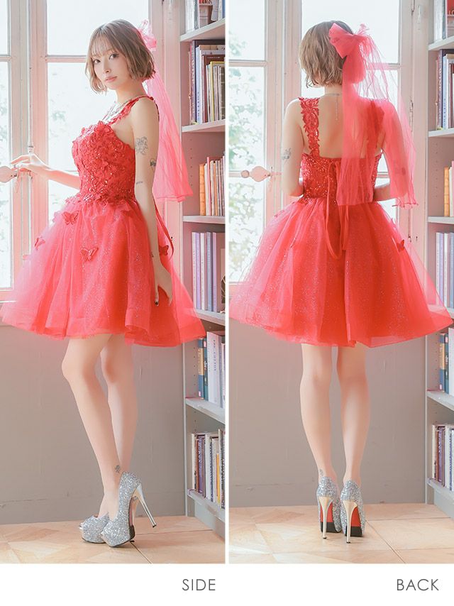 ROTATE】パフスリーブ スパンコール ミディドレス ピンク ドレス キラ  