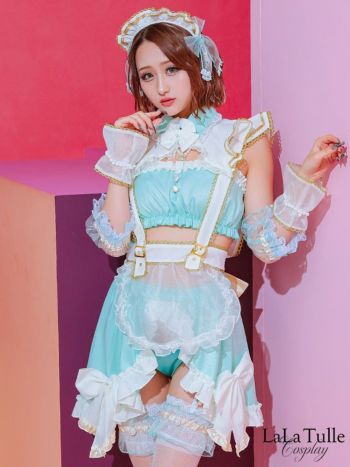 SALE【コスプレ】ロリータ風 セクシー リボン へそ出し ガーリー メイド  衣装10点セット[カチューシャ/付け襟/チャーム/トップス/エプロン/付け袖/カフス/スカート/ショーツ/ガーターリング] | LaLaTulle  ララチュール [公式]