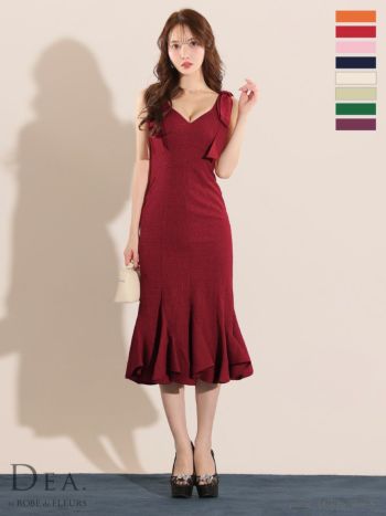 キャバドレス DEA.by ROBE de FLEURS ショルダーリボン ノースリーブ ラメツイル ワンカラー マーメード タイト 膝丈ドレス