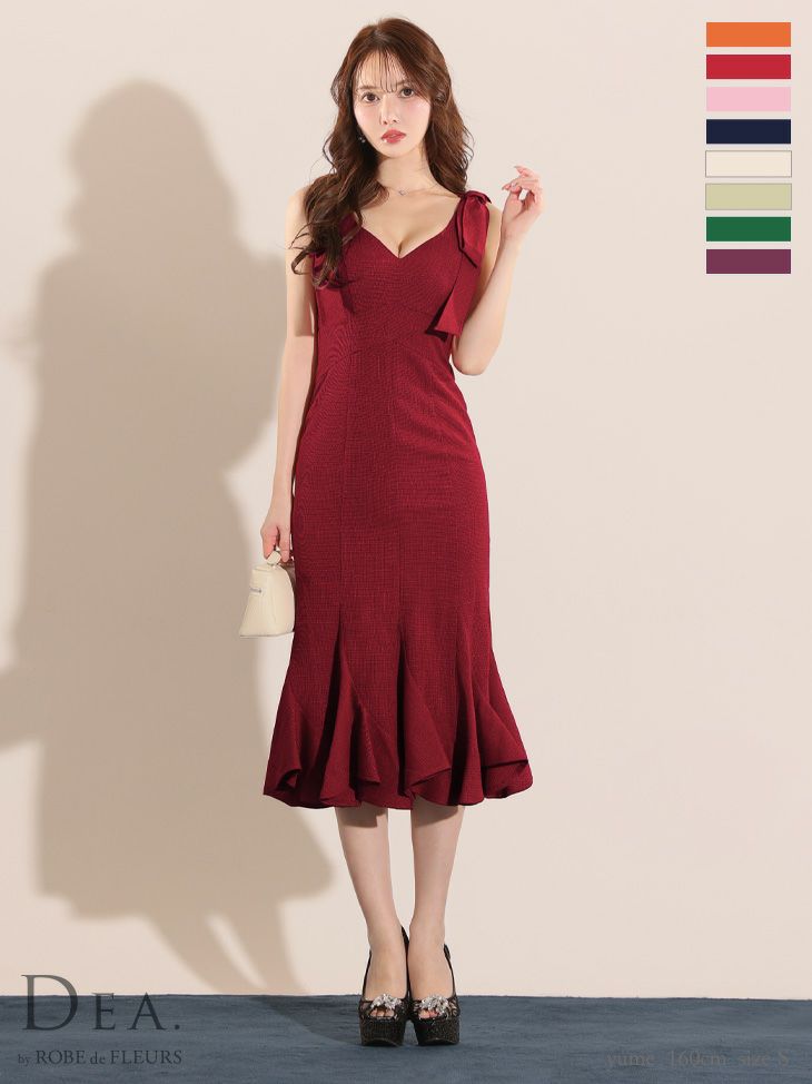 キャバドレス DEA.by ROBE de FLEURS ショルダーリボン ノースリーブ ラメツイル ワンカラー マーメード タイト 膝丈ドレス