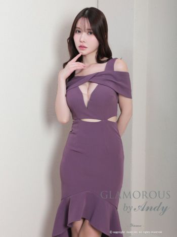 キャバドレス ミニドレス GLAMOROUS グラマラス ノースリーブ 2way ワンカラー カットアウト シアー フリル テールカット ロングテールドレス