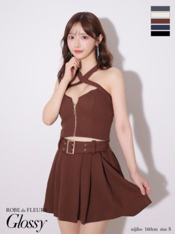 キャバドレス ブランド オープンバスト ホルターネック ジップデザイン ベルトデザイン セットアップ プリーツ セクシー フレアミニドレス