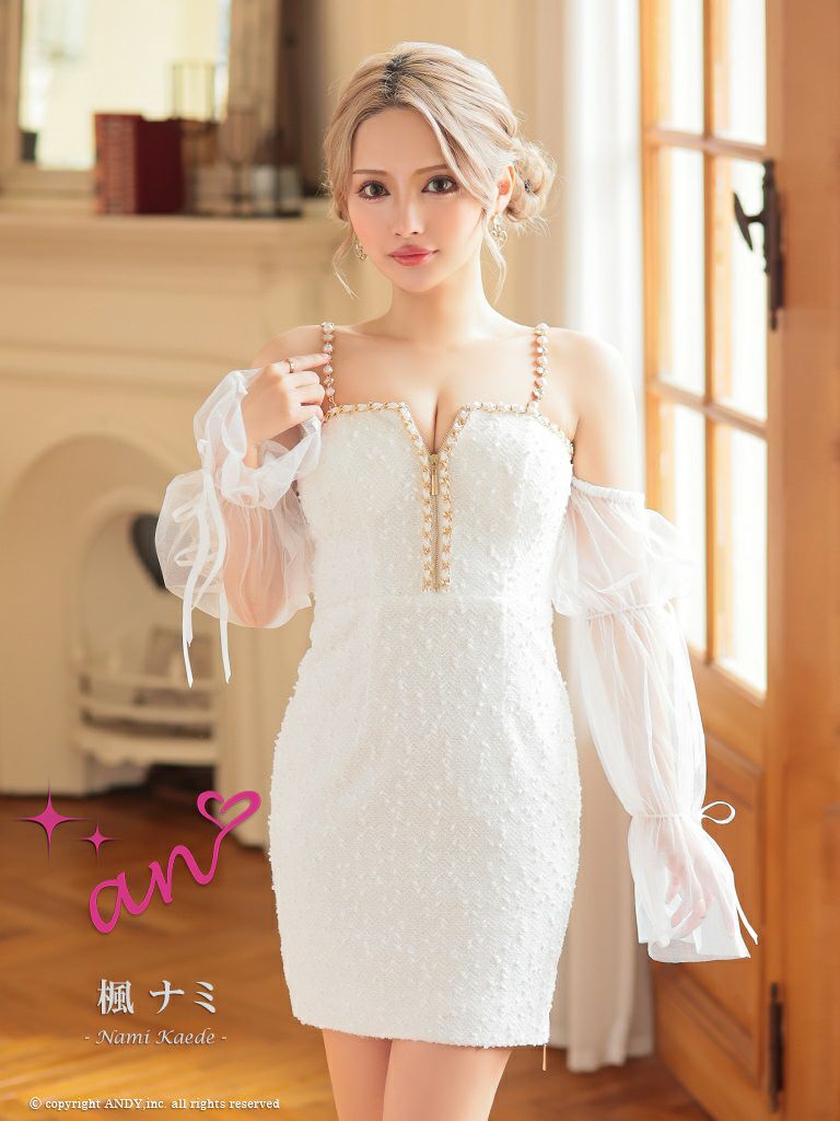 an/アン】チュール袖 ツイード リボン ジップデザイン チェーン パール  