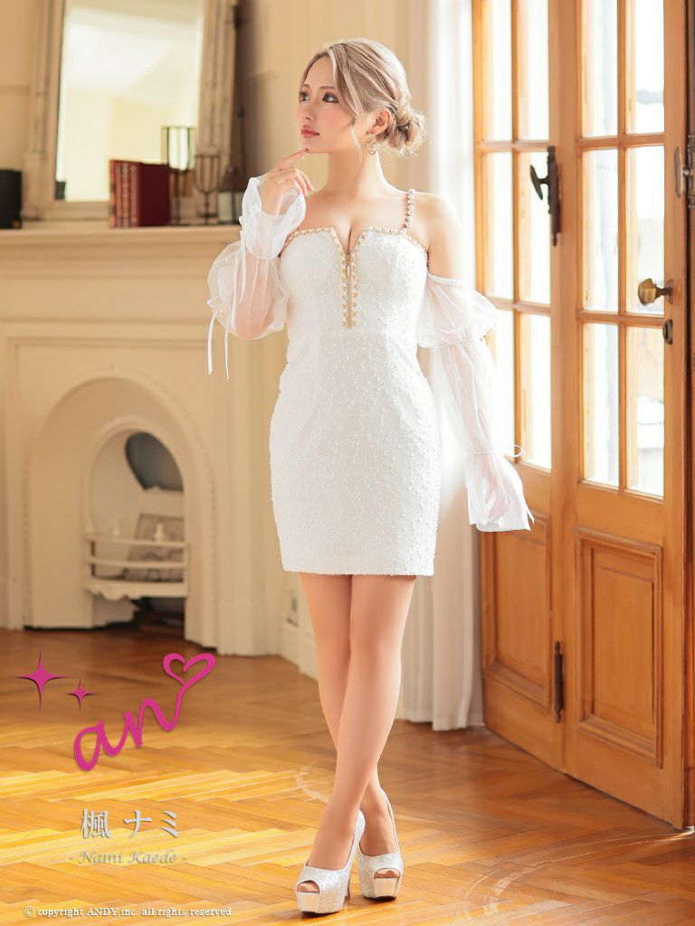 an/アン】チュール袖 ツイード リボン ジップデザイン チェーン パール  