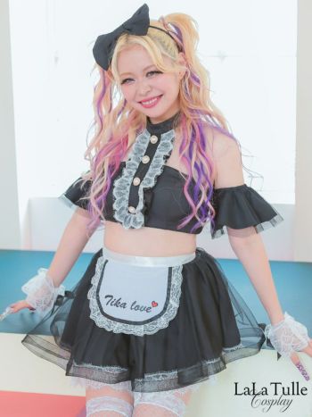 コスプレ ビッグリボン ロリータ風 レースフリル 肩出し へそ出し フレアスカート ギャルセクシー メイド 衣装5点セット