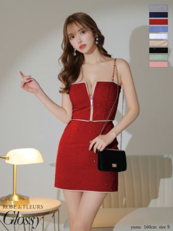 キャバドレス ブランド スタッズ キルティング セットアップ チェーン キャミソール セクシー ジップデザイン タイトミニドレス