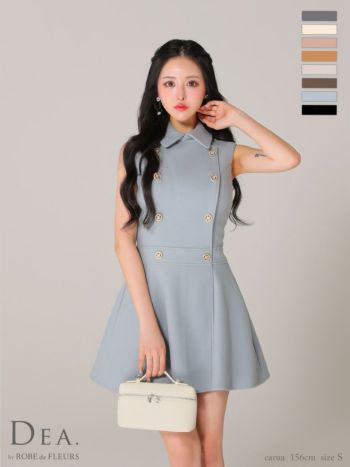 【DEA.by ROBE de FLEURS/ディア】襟付き プリーツ ダブルボタン シンプル メルトン ノースリーブ フレアミニドレス