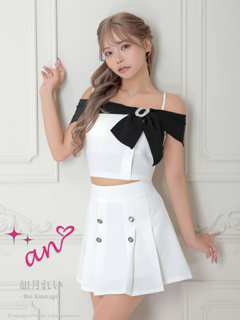 an/アン】バイカラー リボン セットアップ フレア プリーツ バックル