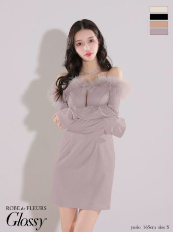 キャバドレス ミニドレス Glossy by ROBE de FLEURS グロッシー 2way オフショルダー ファー ジップデザイン リブニット セクシー 長袖 タイトミニドレス