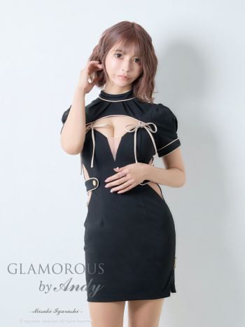 キャバドレス タイトミニドレス GLAMOROUS グラマラス くびれ透け リボン 半袖 バイカラー ハイネック パフスリーブ