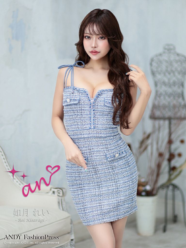 an/アン】ツイード ストレッチ ジップデザイン リボン 飾りポケット  