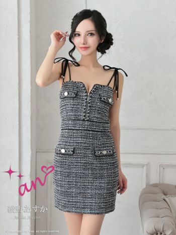 an/アン】フロントジップ ツイード リボン ノースリーブ タイトミニ