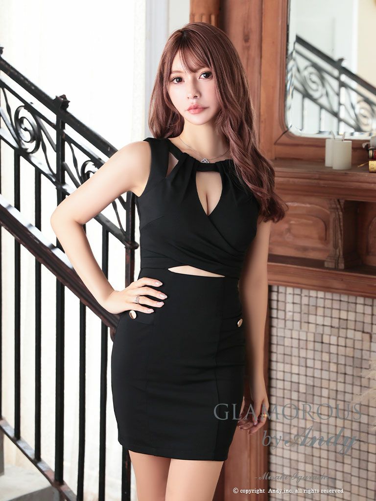 キャバドレス タイトミニドレス GLAMOROUS グラマラス ノースリーブ ワンカラー ウエストカット 飾りポケット