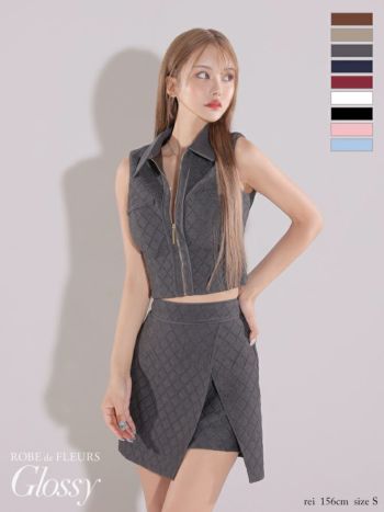 キャバドレス Glossy by ROBE de FLEURS セットアップ ジップデザイン 襟付き ノースリーブ ラップ ジャガードニット ワンカラー タイトミニドレス