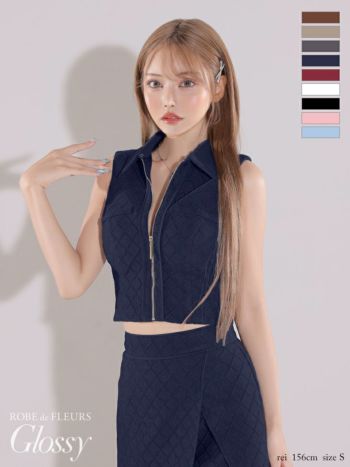 キャバドレス Glossy by ROBE de FLEURS ジップデザイン セットアップ 襟付き ラップスカート ジャガードニット ノースリーブ ワンカラー タイトミニドレス