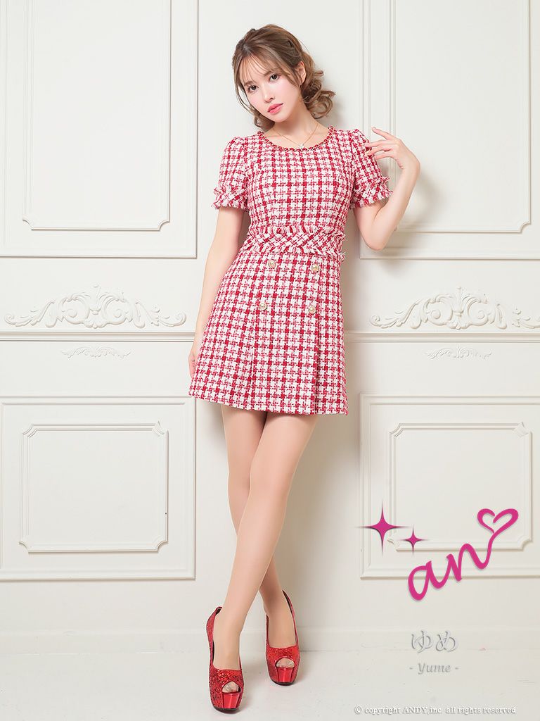 an/アン】チェック柄 ツイード 半袖 ゴールドボタン チェーン