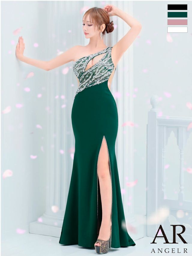 キャバドレス Angel R セクシー ビジュー バストカット スリット ジップデザイン くびれ透け 切り替え ワンショルダー タイトロングドレス