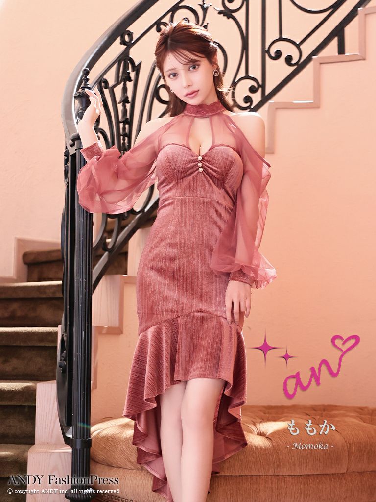 an/アン】シアー 長袖 裾フリル 肩あき ロングテールドレス(aoc3795  