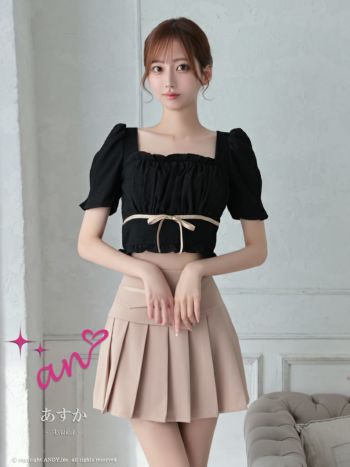人気 ★パフスリーブ シフォン ケーキのドレス セットアップ シフォンセットアップドレス/谷間見せ/背中見せ/キャミソール