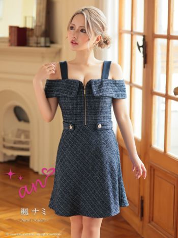 an/アン】チェック柄 リボン ジップデザイン Aライン 肩あき