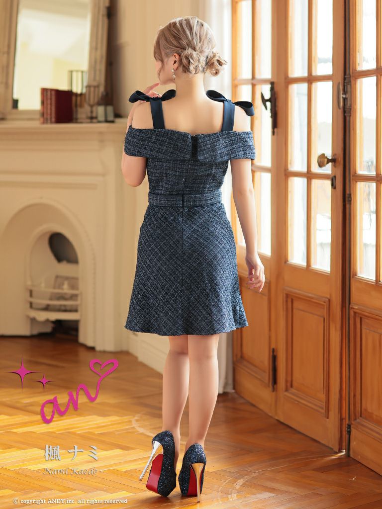 an/アン】チェック柄 リボン ジップデザイン Aライン 肩あき