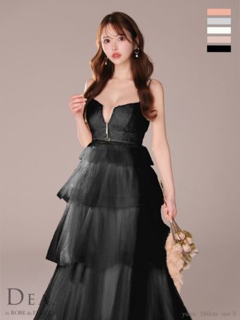 キャバドレス ブランド レース ティアード チュール ウエストベルト キャミソール ジップデザイン エレガント オープンバスト Aラインロングドレス