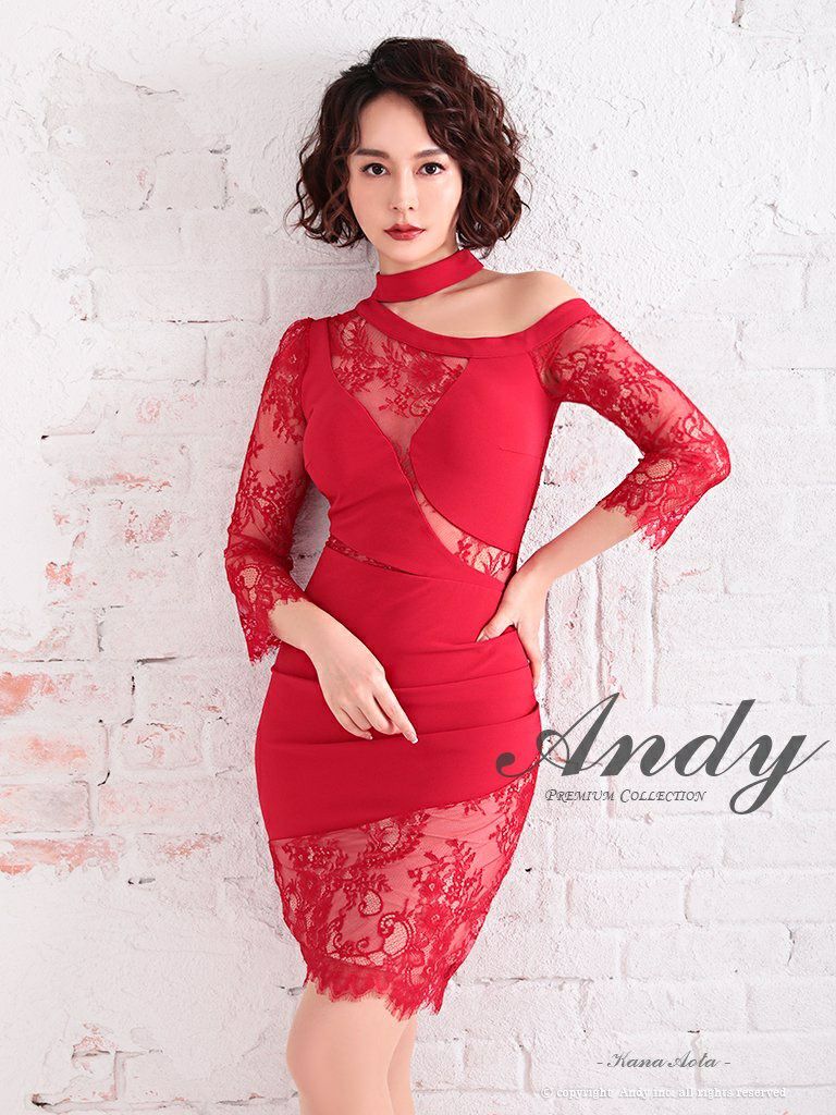 キャバドレス ミニドレス Andy アンディ くびれ透け レース アシンメトリー チョーカー風 袖あり ワンショルダー タイトミニドレス