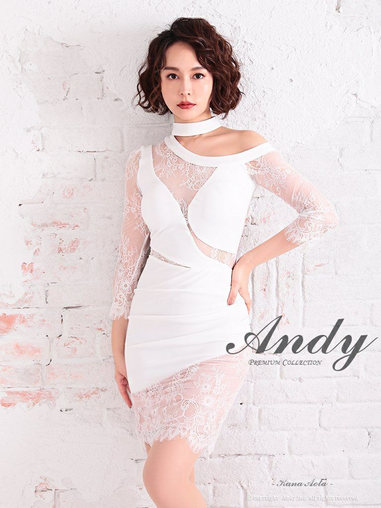キャバドレス ミニドレス Andy アンディ レース アシンメトリー くびれ透け チョーカー風 袖あり ワンショルダー タイトミニドレス