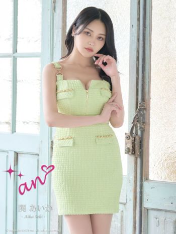 キャバドレス タイトミニドレス an アン リボン 飾りポケット バックル ノースリーブ チェーン ジップデザイン スーパーストレッチツイード