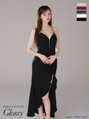 ジップアップホルターネックラメドレスM Glossy by ROBE de FLEURS/グロッシー】セクシー オープンバスト