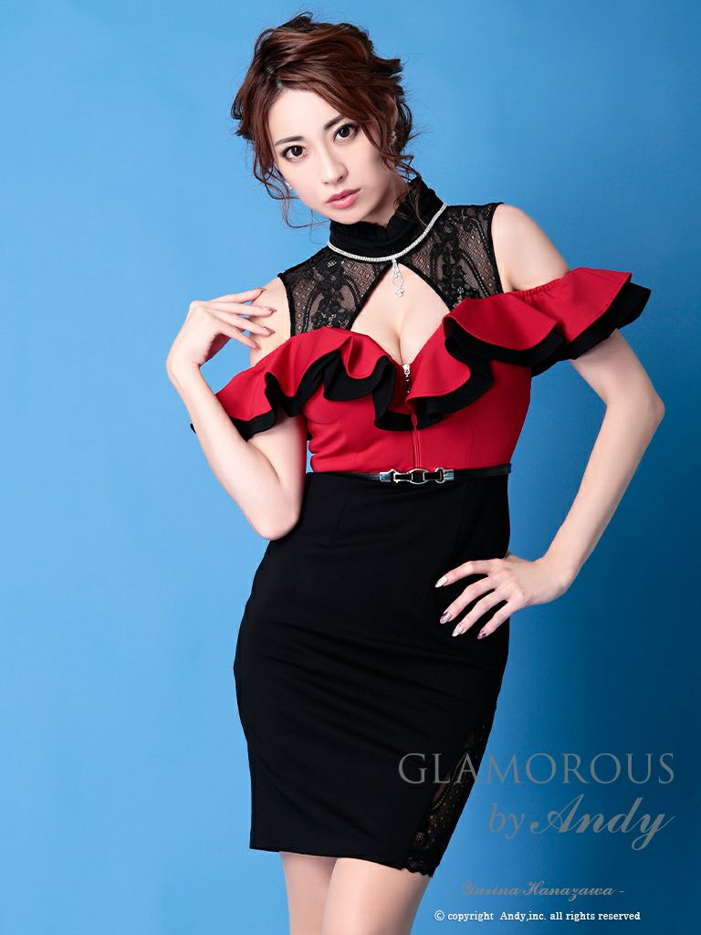 キャバドレス ミニドレス GLAMOROUS グラマラス レース ベルト ストレッチ ジップデザイン ラインストーン チャーム付 オフショルダー ホルターネック タイトミニドレス