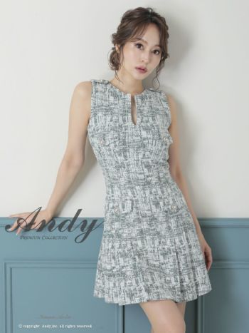 キャバドレス ミニドレス Andy アンディ プリーツ ツイード ストレッチ Aライン パールボタン ミックス柄 スリットネック ノースリーブ フレアミニドレス