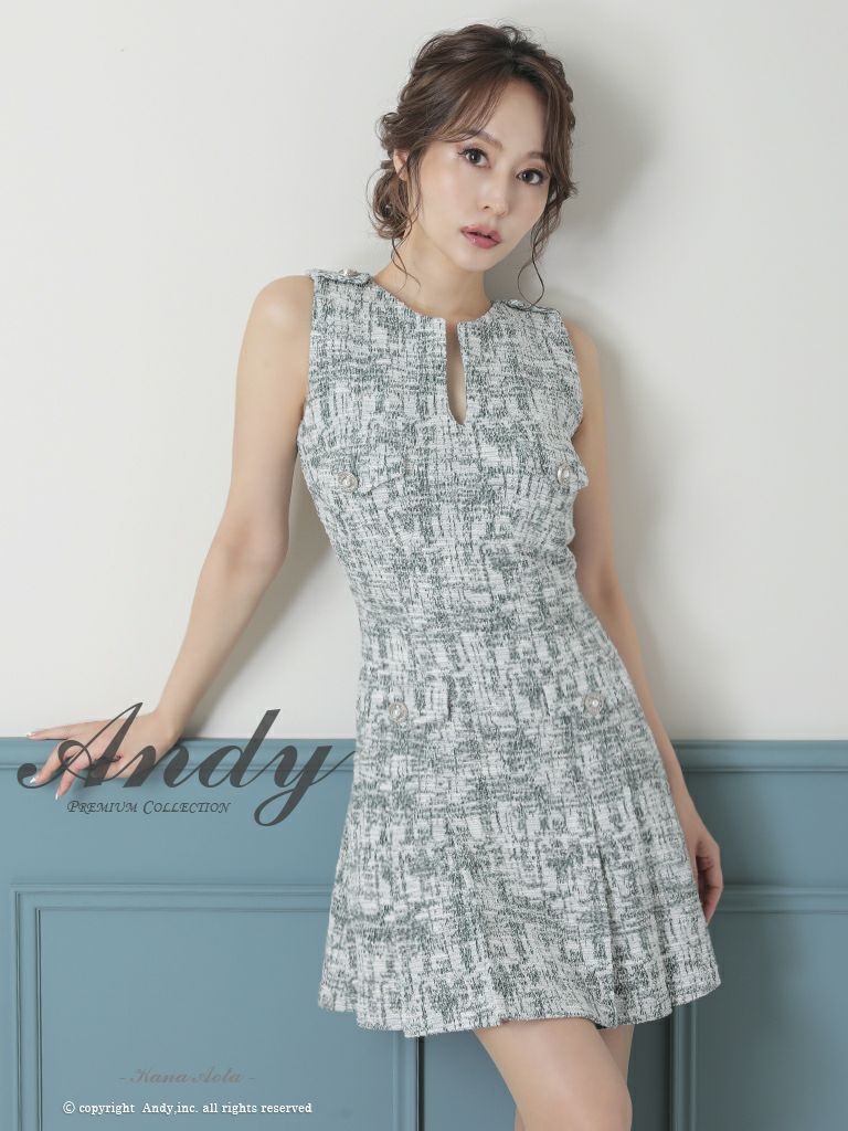 キャバドレス ミニドレス Andy アンディ プリーツ ツイード ストレッチ Aライン パールボタン ミックス柄 スリットネック ノースリーブ フレアミニドレス